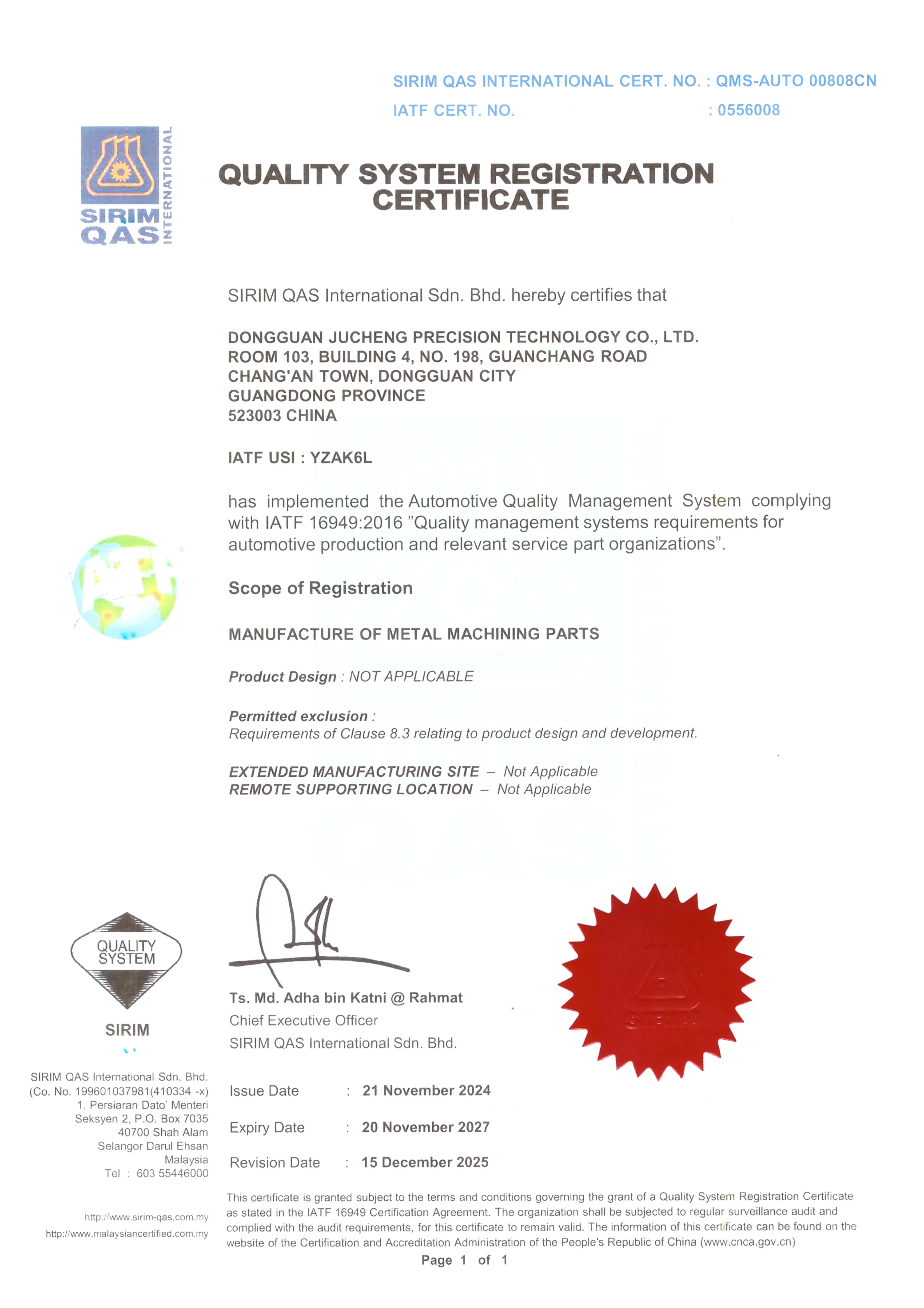 IATF 16949 Certificate