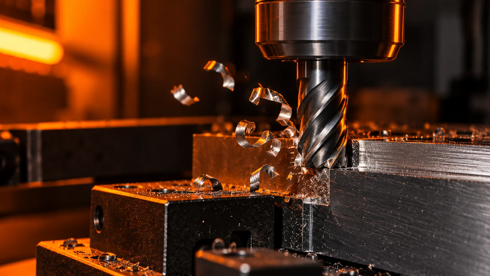 Milling chips beside cutting tool