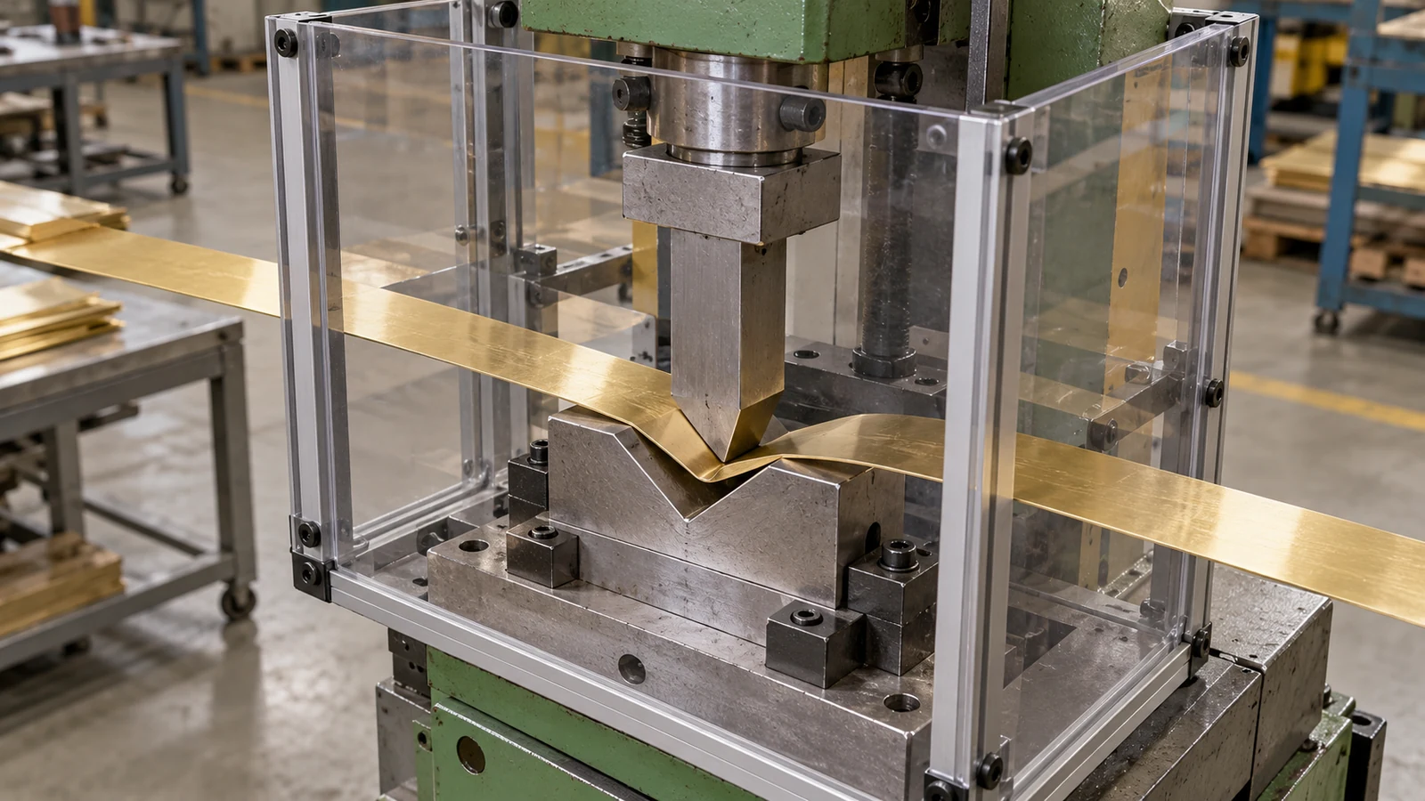 Brass strip shaped in a forming press