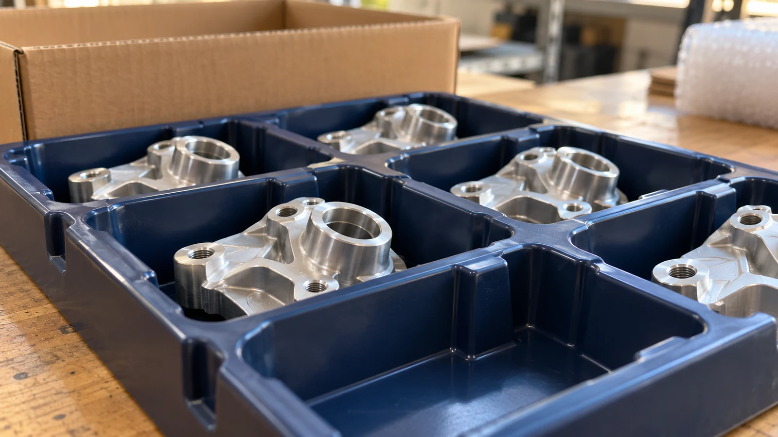 Clean machined parts separated in a protective shipping tray