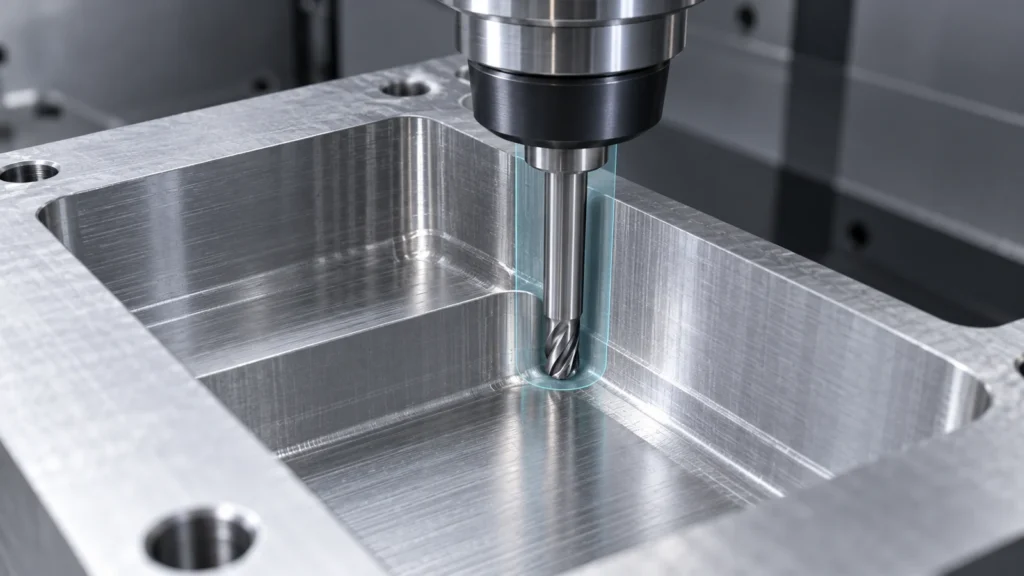 End mill reaches an internal feature