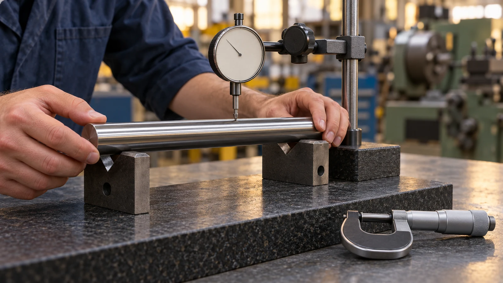 Operator measuring bar stock straightness