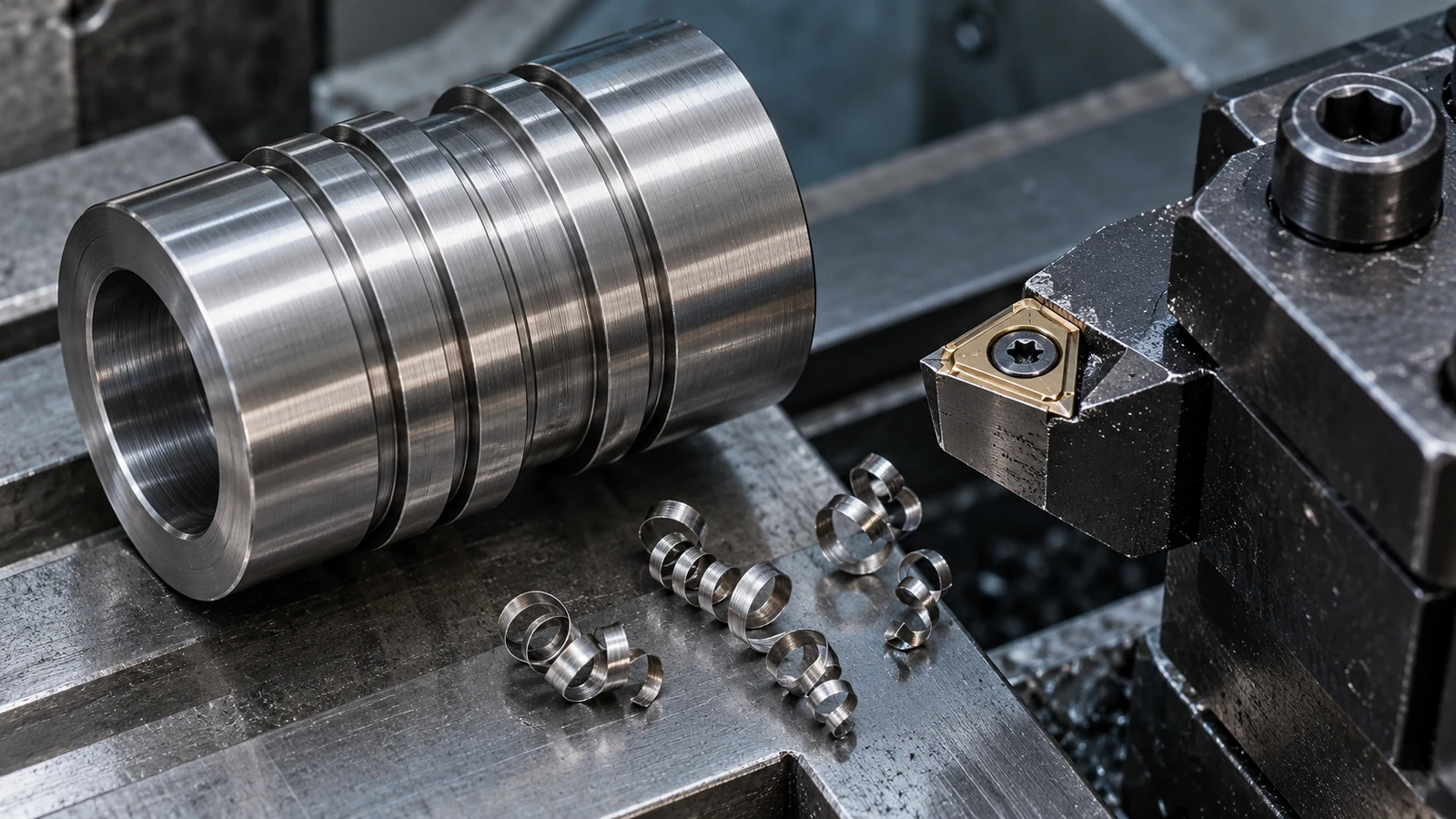 Stainless turning chip beside finished component