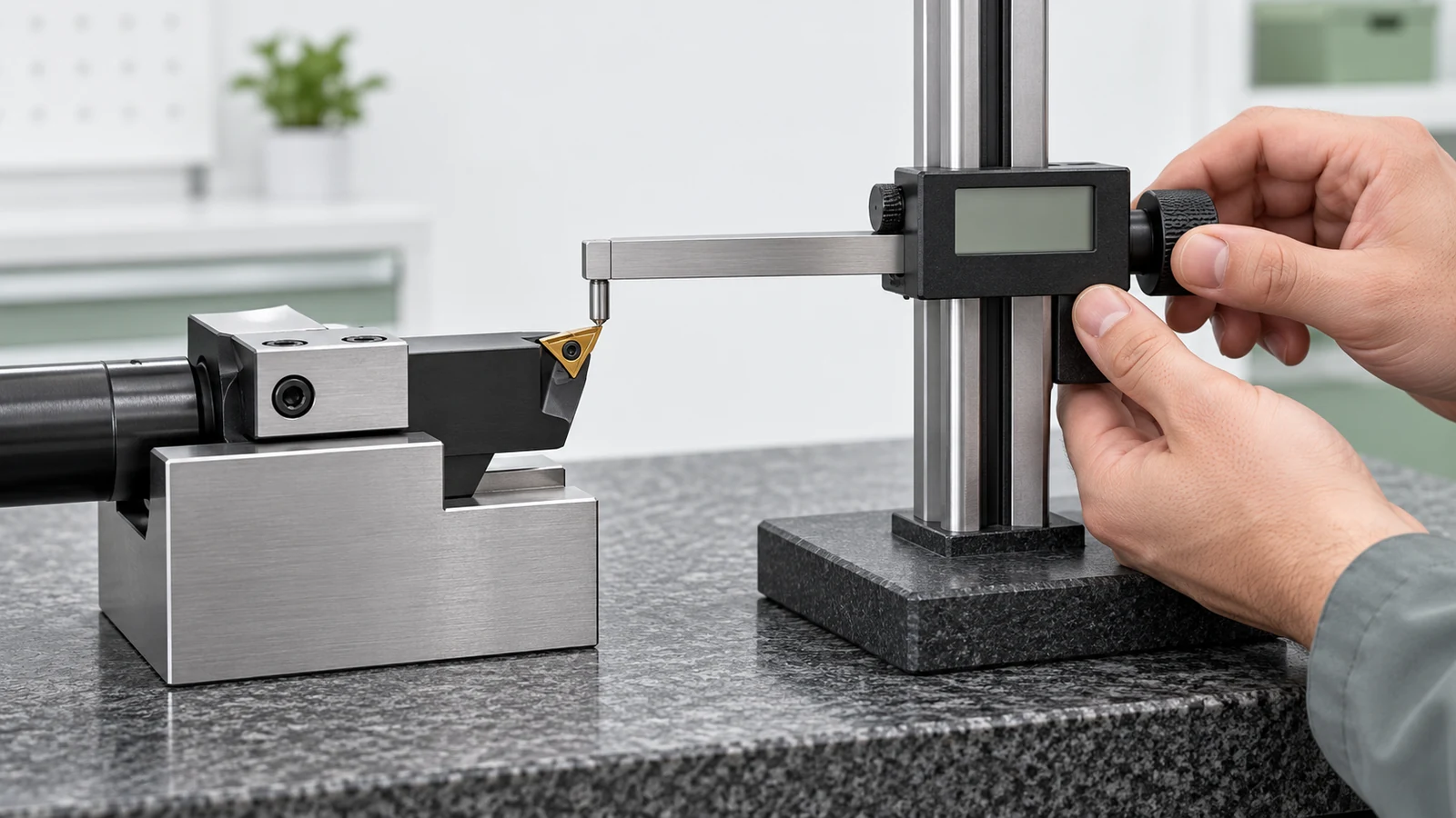 Technician checking lathe tool height